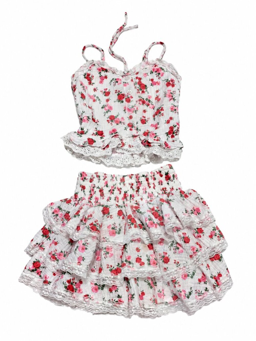 Flowers by Zoe Girls 2 Piece Floral Ruffle Skirt Set Size S White Pink Roses